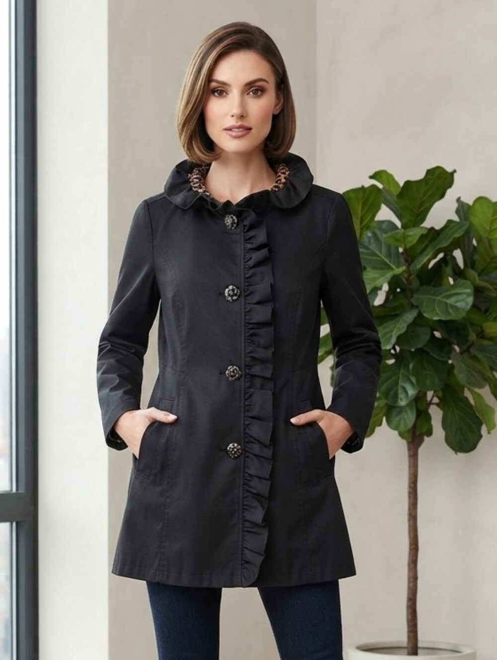 ✨ Like New Betsey Johnson Black Ruffle Mid-Length Trench Coat ✨